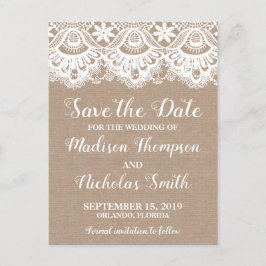 Burlap- und Spitzen-Save the Date Postkarten, rust Postkarte