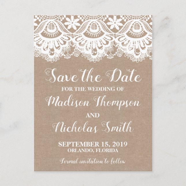 Burlap- und Spitzen-Save the Date Postkarten, rust Postkarte (Vorderseite)