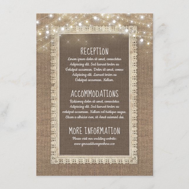 Burlap- und String Lights Hochzeitinformationsgast Begleitkarte (Vorderseite)