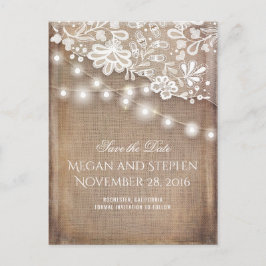 Burlap- und String-Lights Save the Date rustikal Ankündigungspostkarte