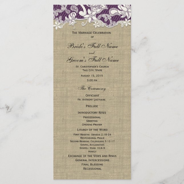 Burlap Vintag Lace Wedding Programm (Vorderseite)