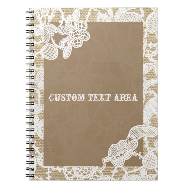 Burlap & White Floral Lace Élégant Journal Rustiqu (Devant)