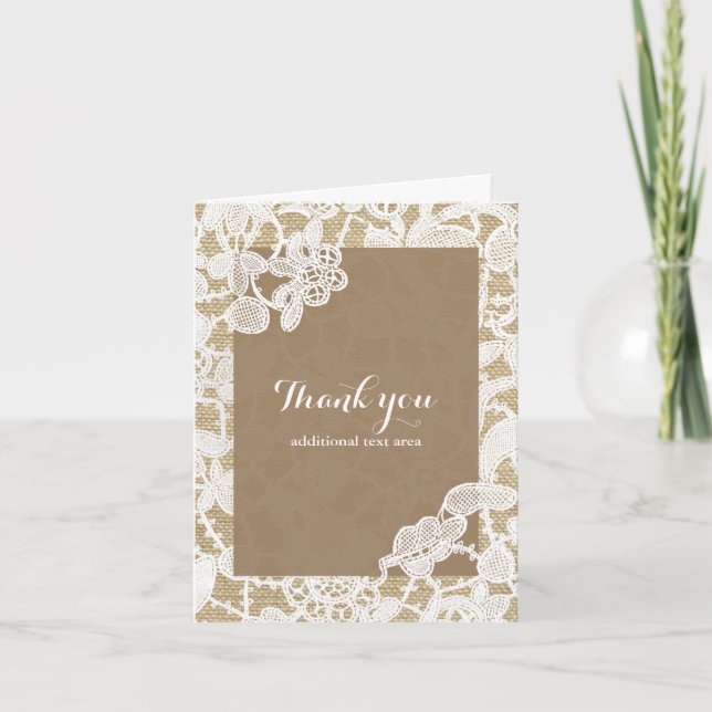 Burlap & White Floral Lace Elegante Rustikale Hoch Dankeskarte (Vorderseite)