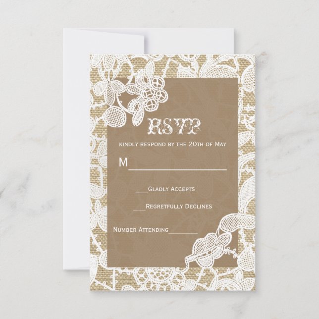 Burlap & White Floral Lace Mariage rustique RSVP (Devant)