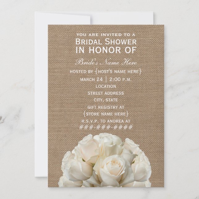 Burlap  White Roses Brautparty Einladung (Vorderseite)