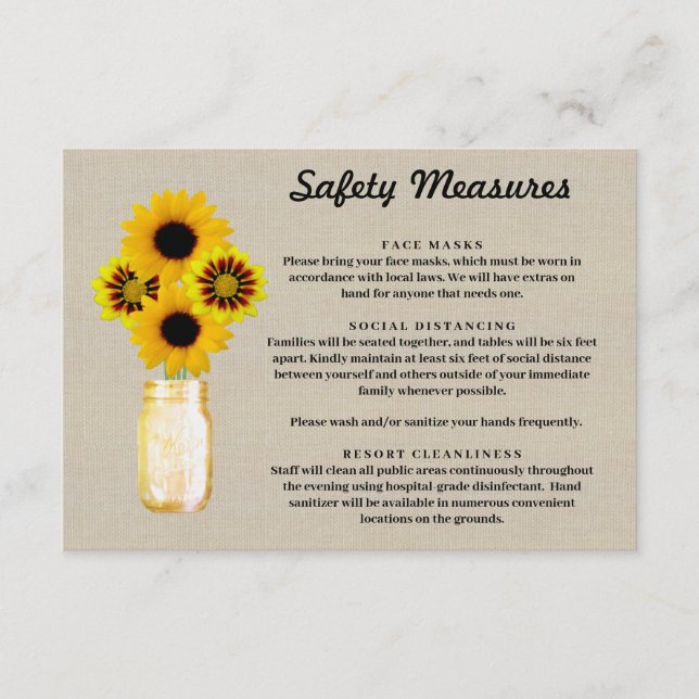 Burlap Yellow Floral Mason Jar Sicherheitsmaßnahme Begleitkarte (Vorderseite)