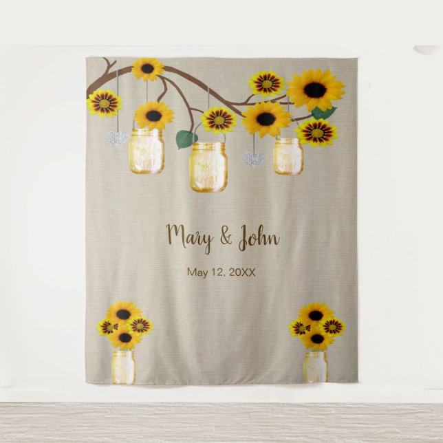 Burlap Yellow Floral Mason Jars Foto Hintergrund Wandteppich (Vorderseite)
