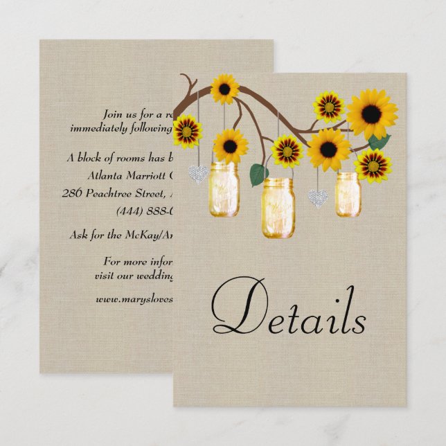 Burlap Yellow Floral Mason Jars Hochzeitdetails Begleitkarte (Vorne/Hinten)