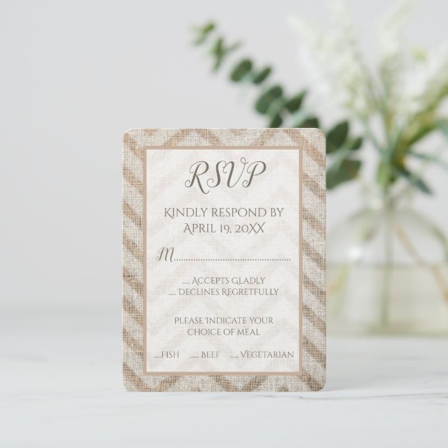 Burlap Zickzack Wedding RSVP Card Karte (Stehend Vorderseite)