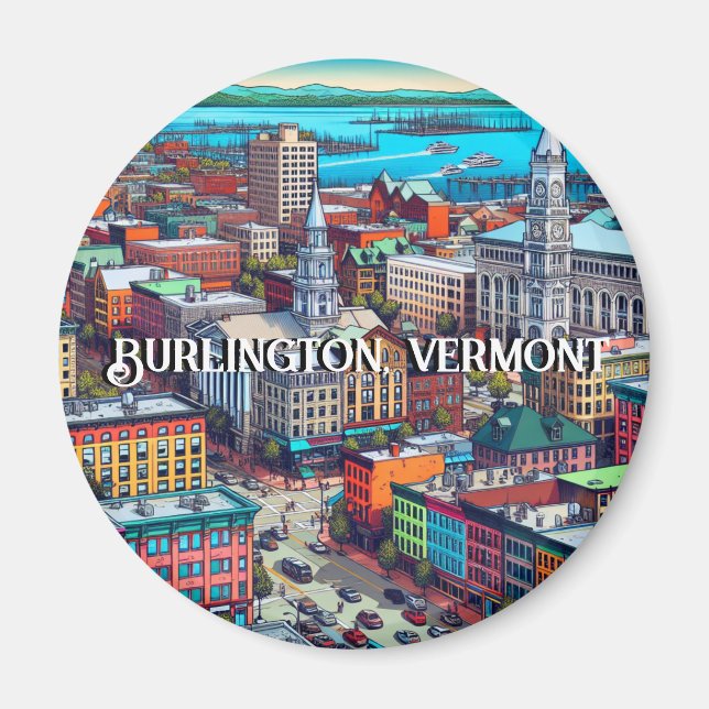 Burlington, Vermont Comic Book Style Art Magnet (Vorne)