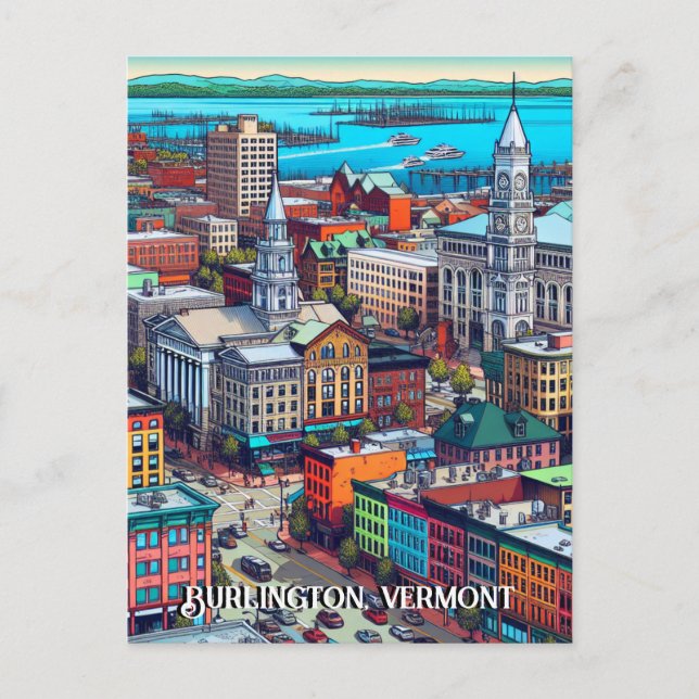 Burlington, Vermont Comic Book Style Art Postkarte (Vorderseite)