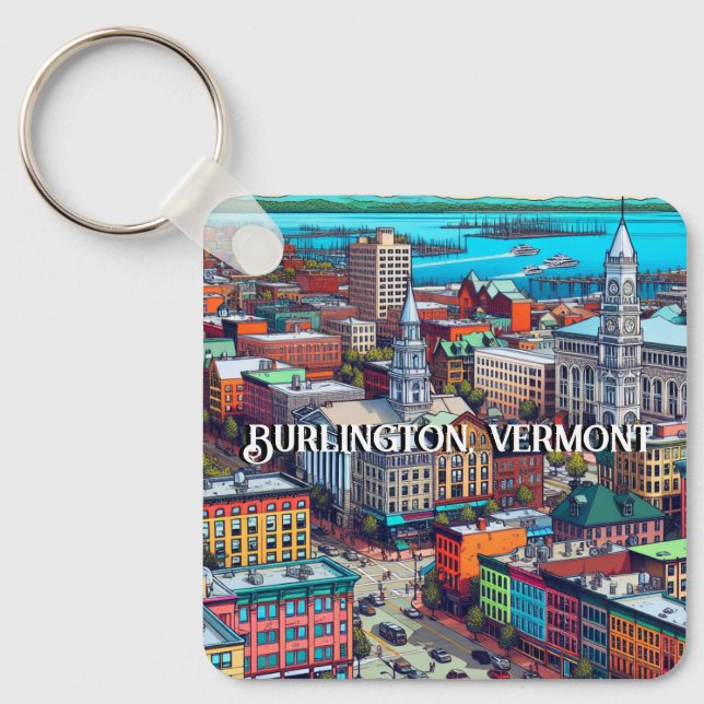 Burlington, Vermont Comic Book Style Art Schlüsselanhänger (Vorderseite)
