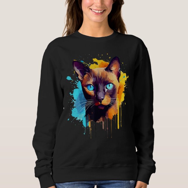 Burmese Cat Face Colorful Splash Art Sweatshirt (Vorderseite)