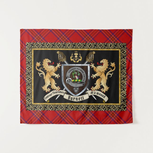 Burnett Clan Abzeichen & Motto mit Löwen Wandteppich (Vorderseite (Horizontal))