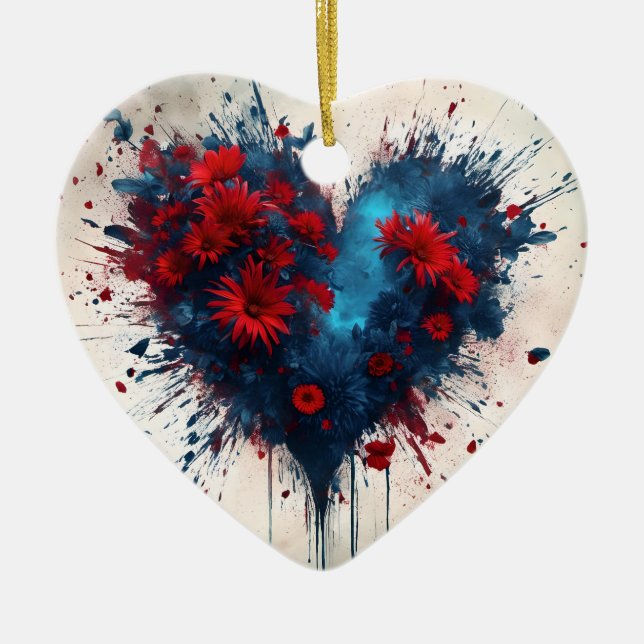 Burning Blue Heart mit Roten Blume Keramik Ornament (Vorne)