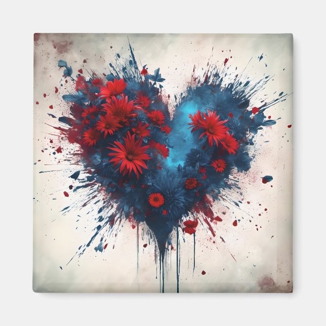 Burning Blue Heart mit Roten Blume Magnet (Vorne)