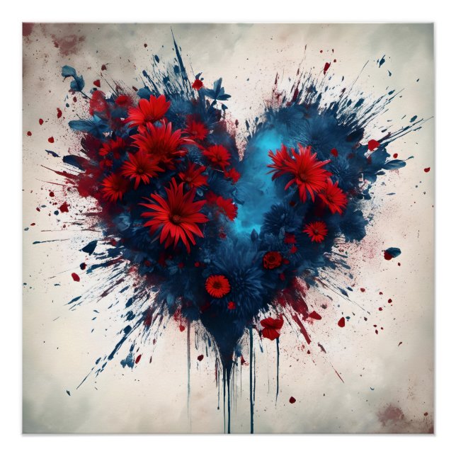 Burning Blue Heart mit Roten Blume Poster (Vorderseite)