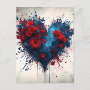 Burning Blue Heart mit Roten Blume Postkarte