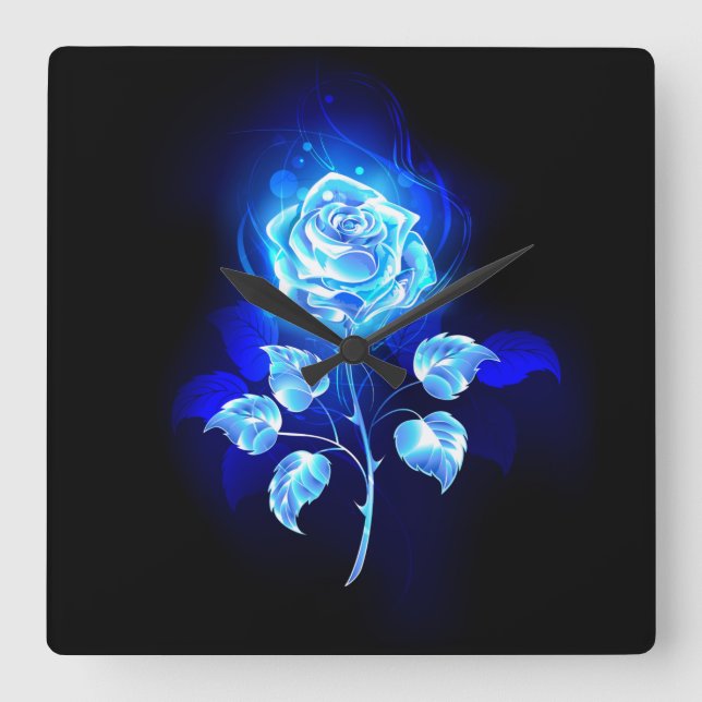Burning Blue Rose Quadratische Wanduhr (Vorderseite)