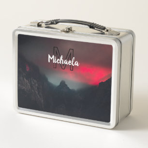 Burning clouds, fog and mountains monogram in sky metall brotdose