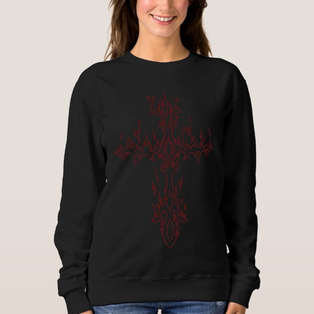 Burning Cross in Flame Emo E Girl Boy Y2K Alt Trad Sweatshirt (Vorderseite)