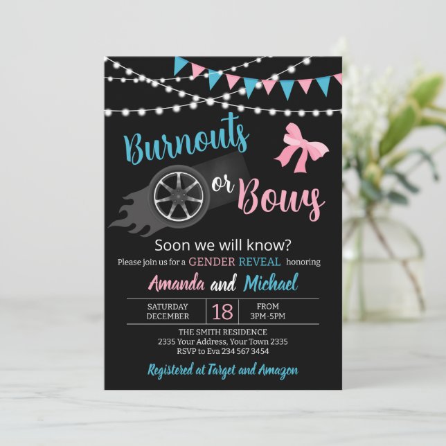 Burnouts or bows Gender Reveal Party Einladung (Stehend Vorderseite)