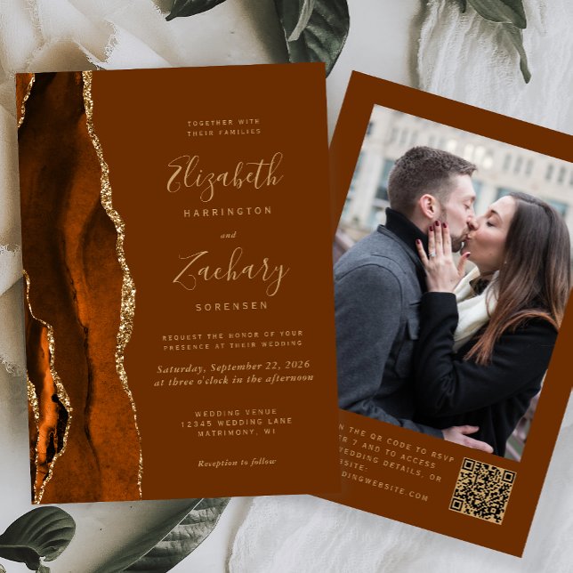 Burnt Orange Agate Brown Foto QR Code Wedding Einladung (Von Creator hochgeladen)