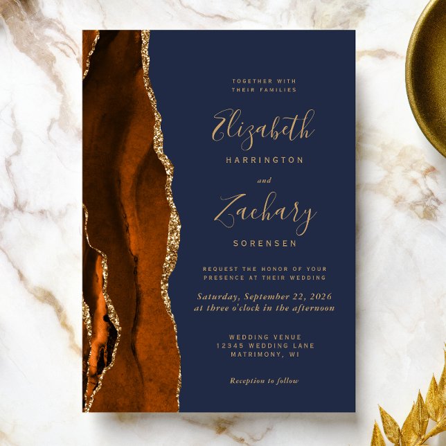 Burnt Orange Agate Gold Navy Blue Wedding Einladung (The perfect choice for a burnt orange and navy blue themed wedding.)