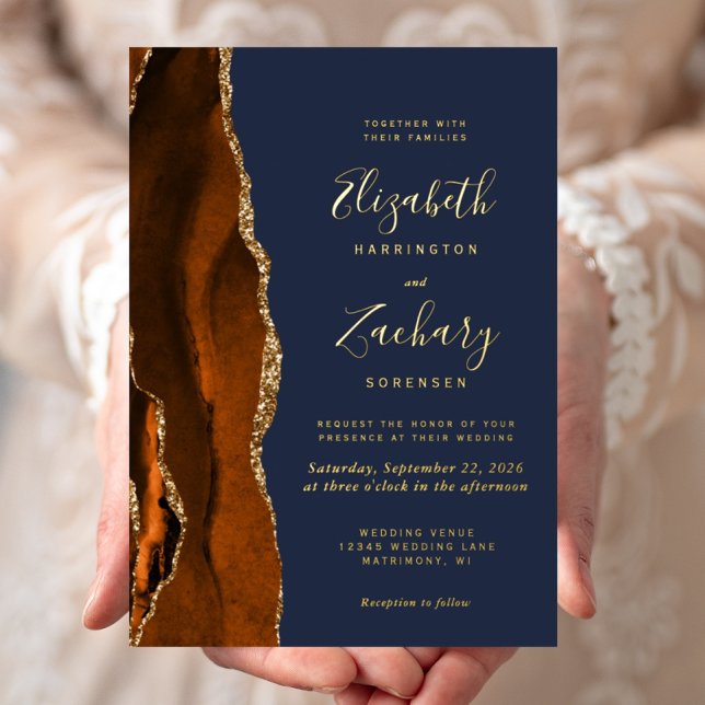Burnt Orange Agate Gold Navy Blue Wedding Folieneinladung (Von Creator hochgeladen)