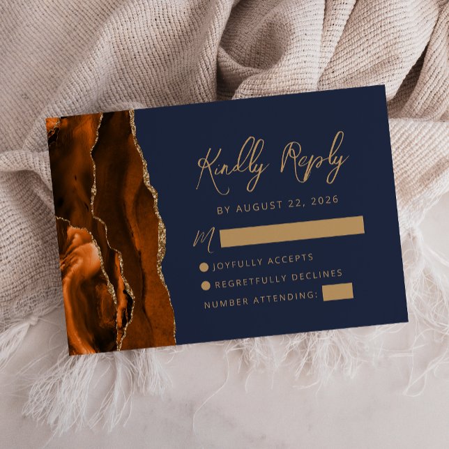 Burnt Orange Agate Gold Script Navy Blue Wedding RSVP Karte (Von Creator hochgeladen)