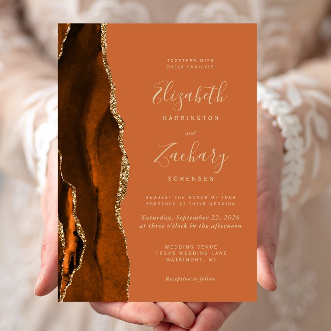 Burnt Orange Agate Gold Wedding Einladung (Von Creator hochgeladen)