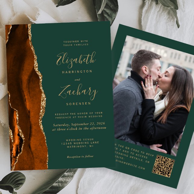 Burnt Orange Agate Green Foto QR Code Wedding Einladung (Von Creator hochgeladen)