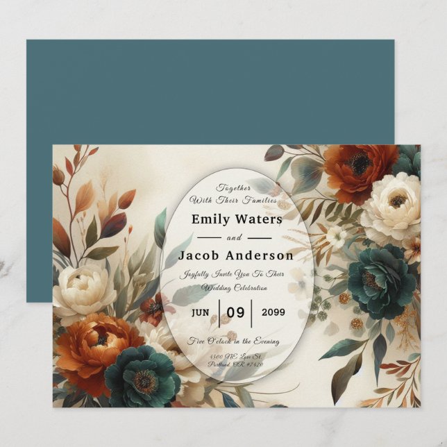 Burnt Orange and Blue Fall Flowers Wedding  Einladung (Vorne/Hinten)