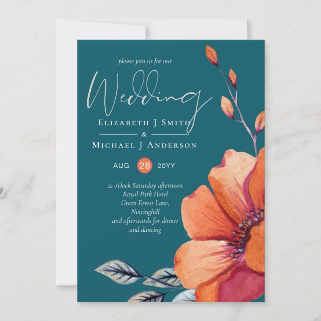 Burnt Orange and Dark Aquamarin Wedding Einladunge (Vorderseite)