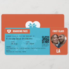 Burnt Orange & Aqua Blue Boarding Pass Wedding Einladung