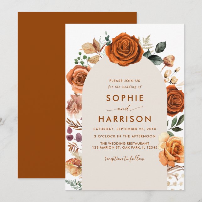 Burnt Orange Arch Terracotta Rost Hochzeit Einladung (Vorne/Hinten)