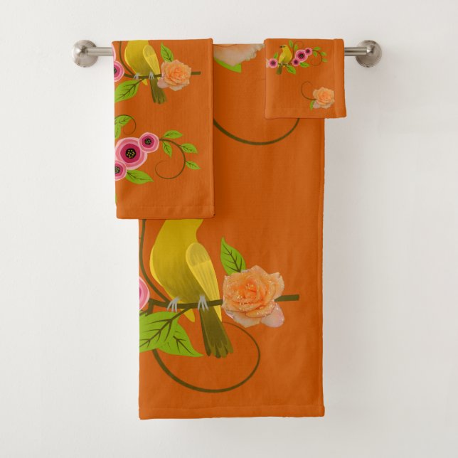 Burnt Orange - Bird & Yellow Rose Badhandtuch Set (Insitu)