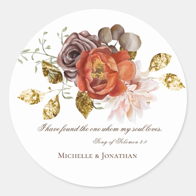 Burnt Orange Blush Christliche Bibel Hochzeit Runder Aufkleber (Vorderseite)