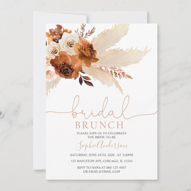 Burnt Orange Bohemisch Pampas Grass Bridal Brunch Einladung (Vorderseite)