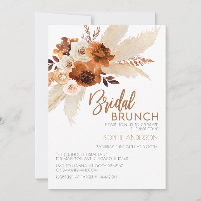 Burnt Orange Boho Pampas Grass Bridal Brunch Einladung (Vorderseite)