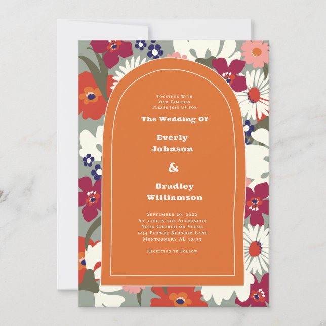 Burnt Orange Bold Floral Boho Chic Retro Wedding Einladung (Vorderseite)