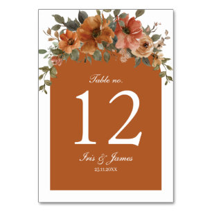 Burnt Orange Brown Floral Wedding Brautparty Tischnummer