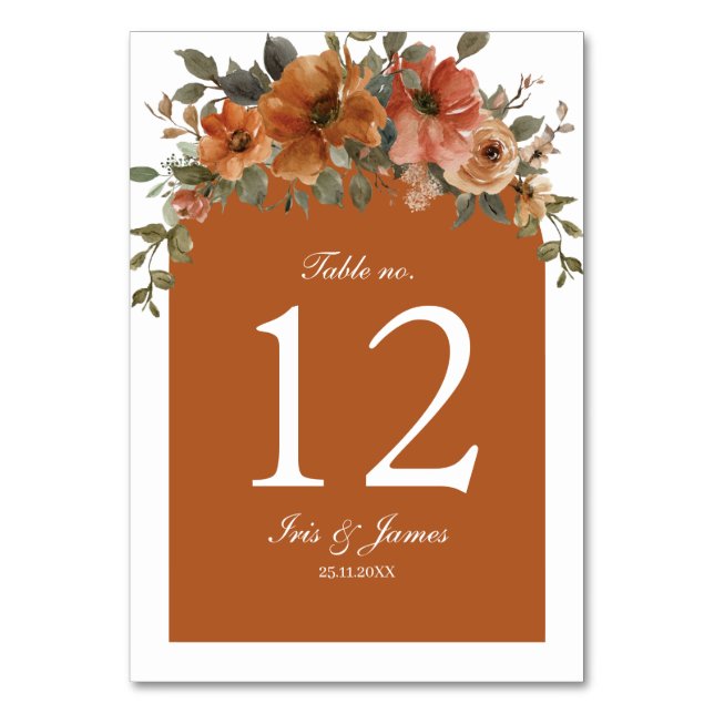 Burnt Orange Brown Floral Wedding Brautparty Tischnummer (Vorderseite)
