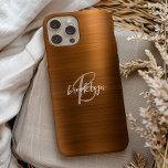 Burnt Orange Brushed Metal Script Monogram Case-Mate iPhone Hülle<br><div class="desc">Dieses elegante personalisierte Gehäuse mit Monogramm und Vornamen in modernem Beige-Weiß-Script auf einem angesagten,  orangefarbenen Metallhintergrund.</div>