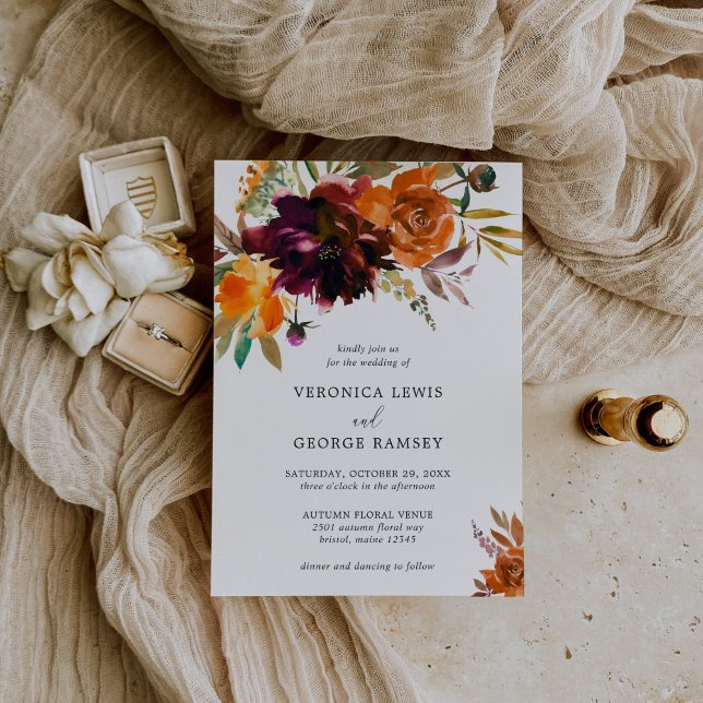 Burnt Orange Burgundy Fall Floral Elegante Hochzei Einladung (Von Creator hochgeladen)