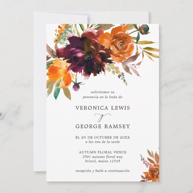 Burnt Orange Burgundy Fall Floral Spanish Wedding Einladung (Vorderseite)