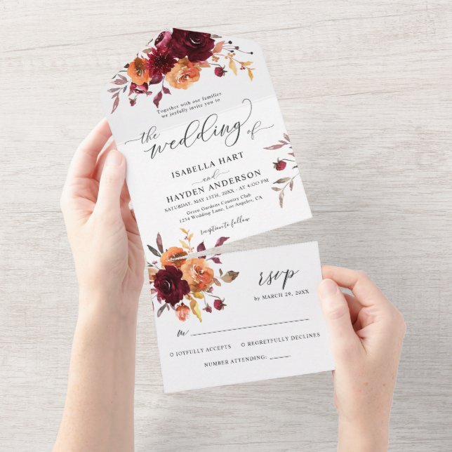 Burnt Orange Burgundy Floral Wedding Details UAWG All In One Einladung (Abreißen)