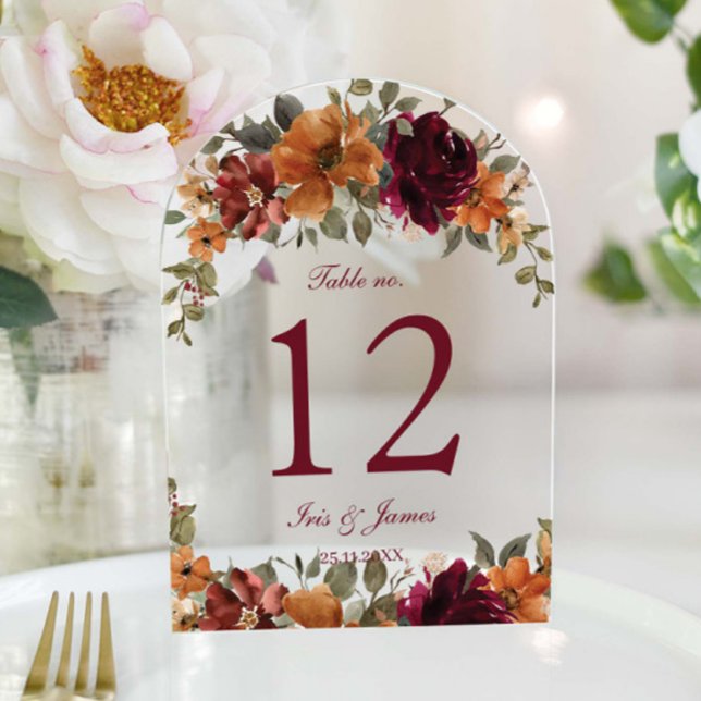 Burnt Orange Burgundy Floral Wedding Tischnummer (Von Creator hochgeladen)
