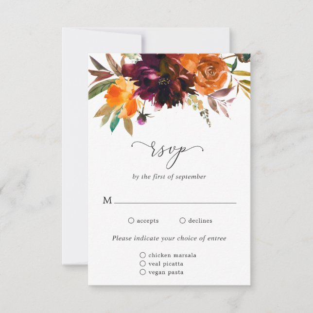 Burnt Orange Burgundy Rustikale Hochzeit mit Flora RSVP Karte (Vorderseite)