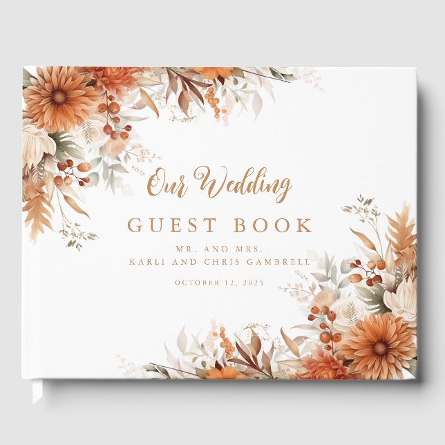 Burnt Orange Calligraphy Fall Floral Wedding Gästebuch (Vorderseite)